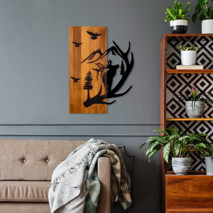 Wallity Deer and Mountain Escultura de pared Nogal y Negro
